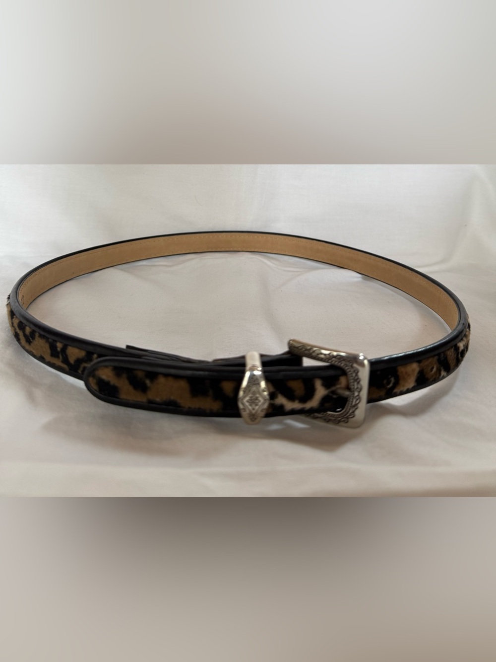 Brighton Leather Leopard Faux Fur Western Belt Black Silver Size 30